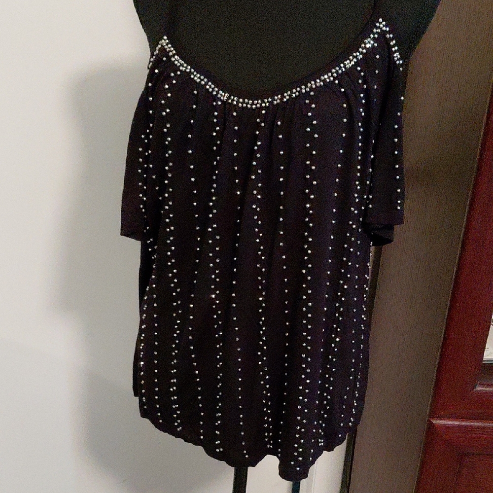 INC International Concepts Black Beaded Blouse, cold shoulder.